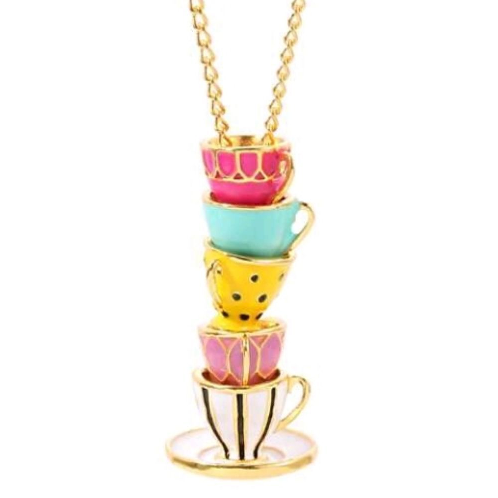 Adorable Hand Painted Enamel Teacups Stacked Necklace